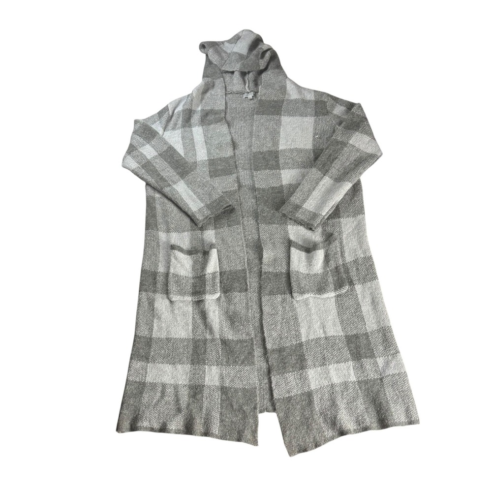 Joseph A Plaid Hooded Cardigan Women Large‎ Gray Open Front Longline Sweater